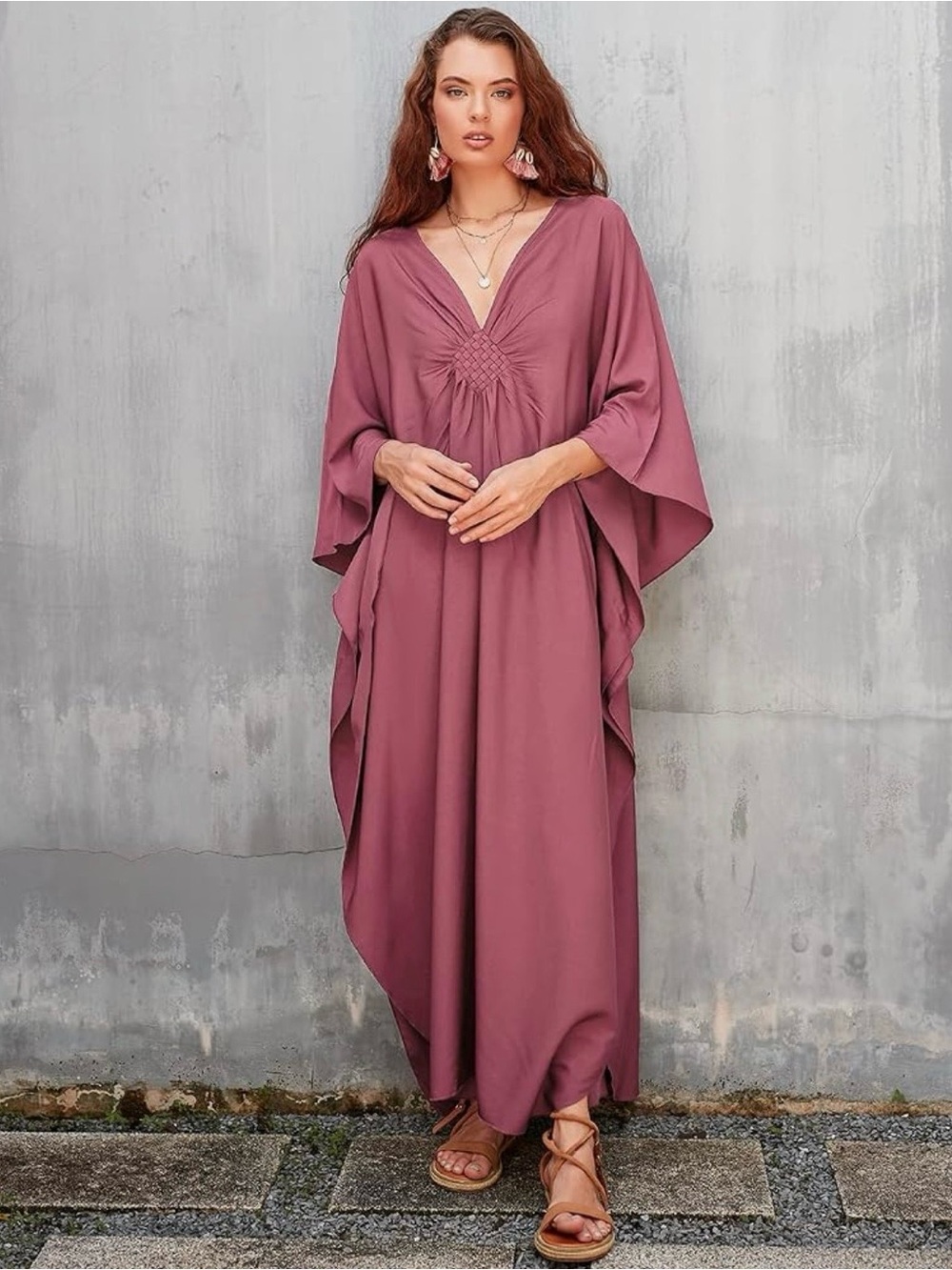 Dusty Rose V-Neck Kaftan Woven Detail Maxi Dress